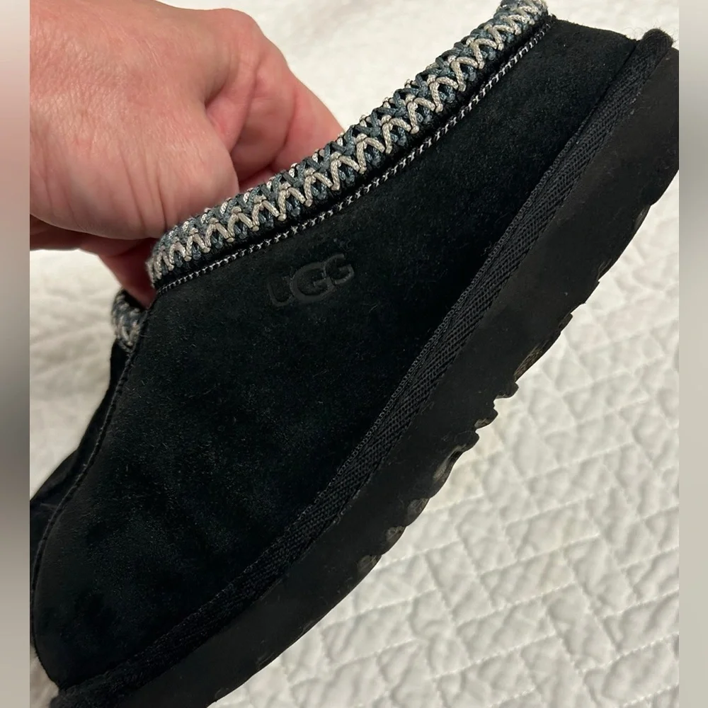Authentic Kids’ Tasman UGG Black Suede Slip-Ons with Embroidered Trim - Picture 3 of 10
